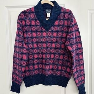 Vintage Woolrich Pink & Navy Patterned Shawl Collar V Neck Wool Sweater
